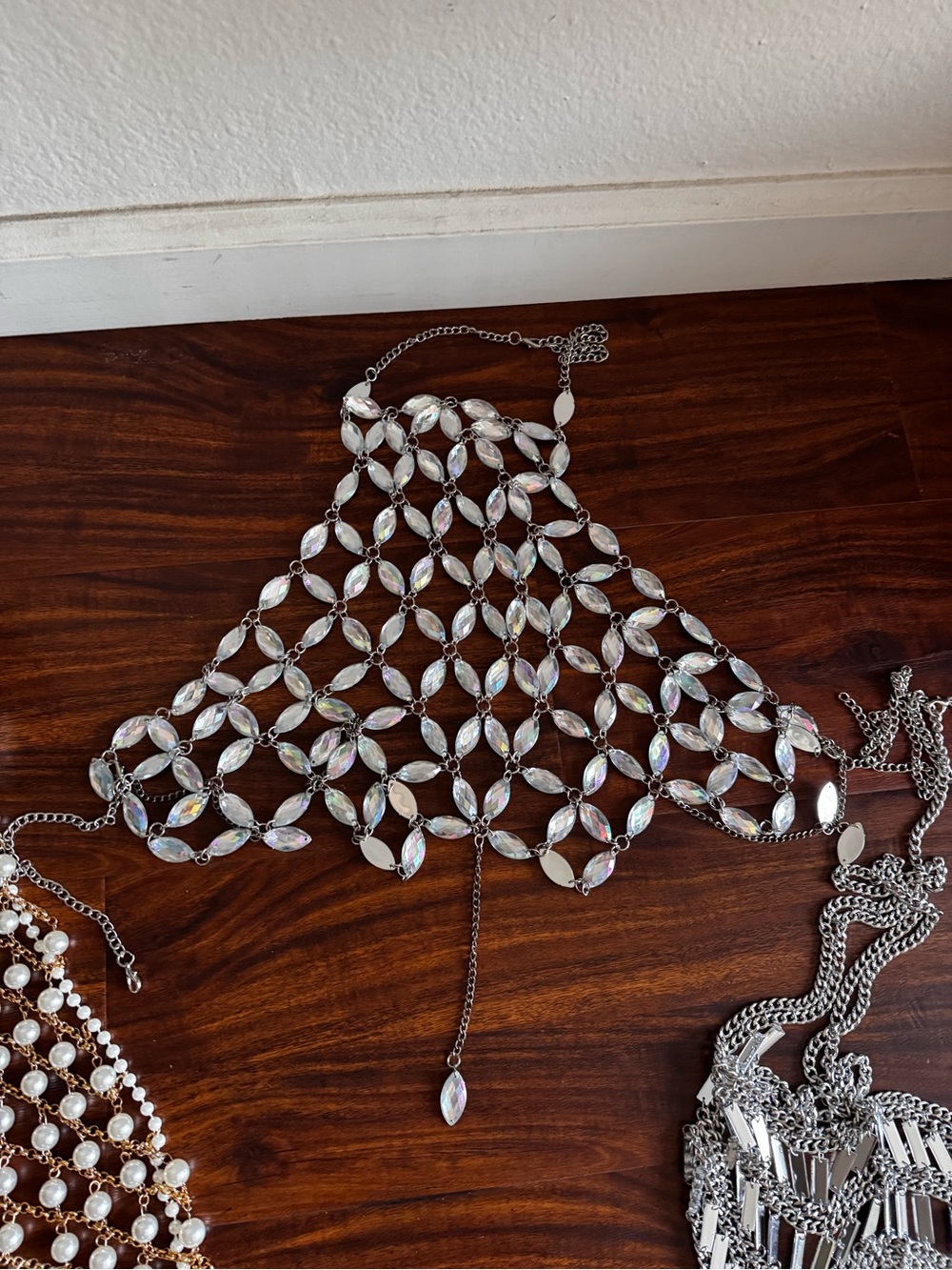 4 pc festival/rave/concert bundle: chain rhinestone tops & Leather Body Harness - Picture 3 of 6